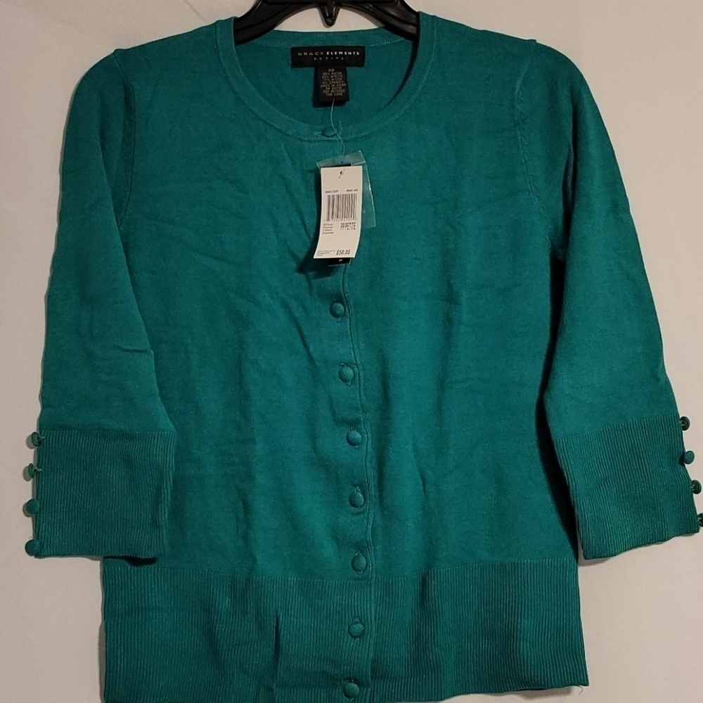 𝅺grace Elements Blue Jade 3/4 Sleeve Cardigan Sweater